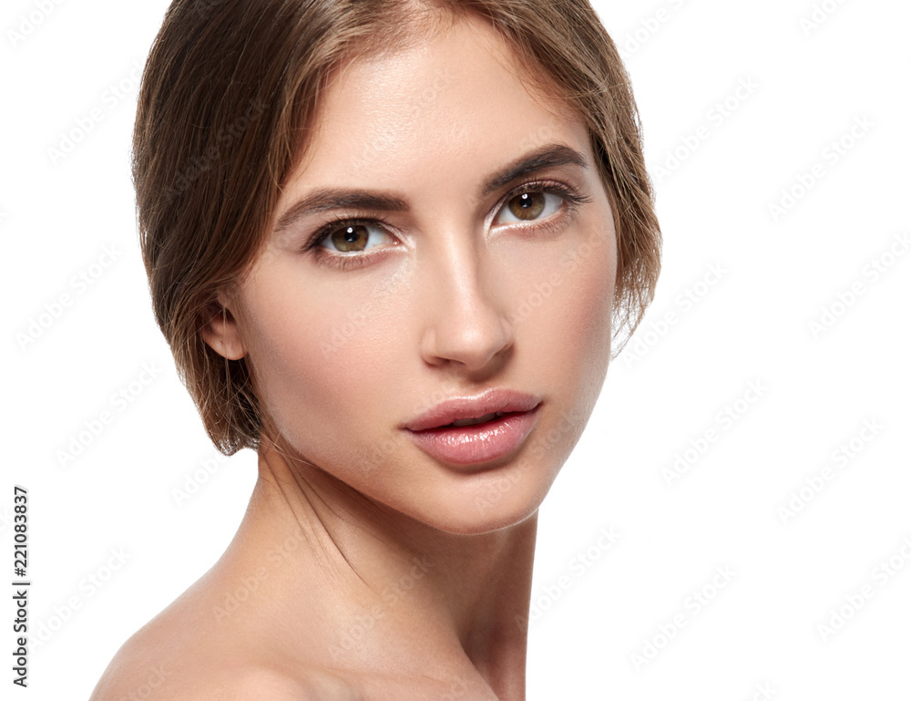 Healthy pure skin woman face closeup isolated on white