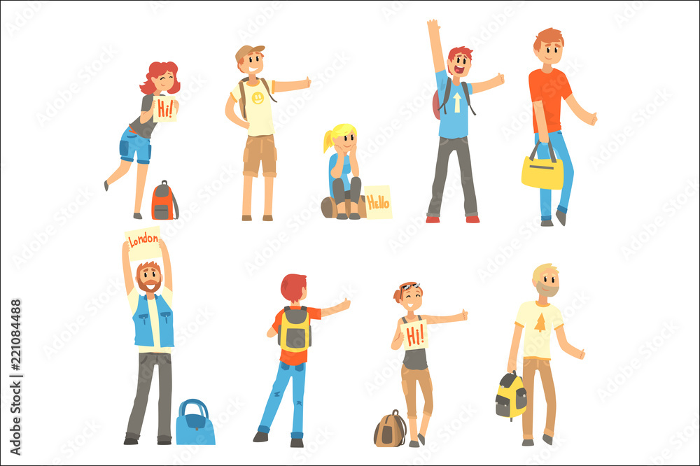 Young people standing with a sign hitchhiking and raised their thumb up set, travelling by autostop cartoon vector Illustrations