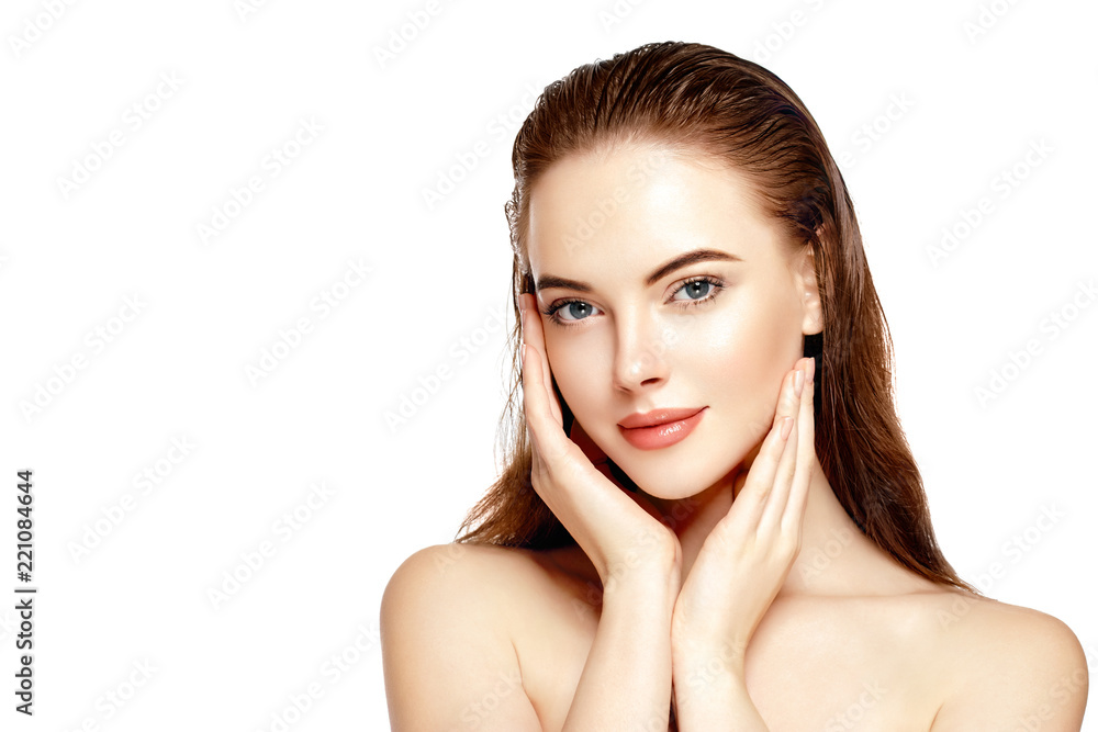 Obraz premium Skin care woman face with healthy beauty skin face closeup cosmetic age concept