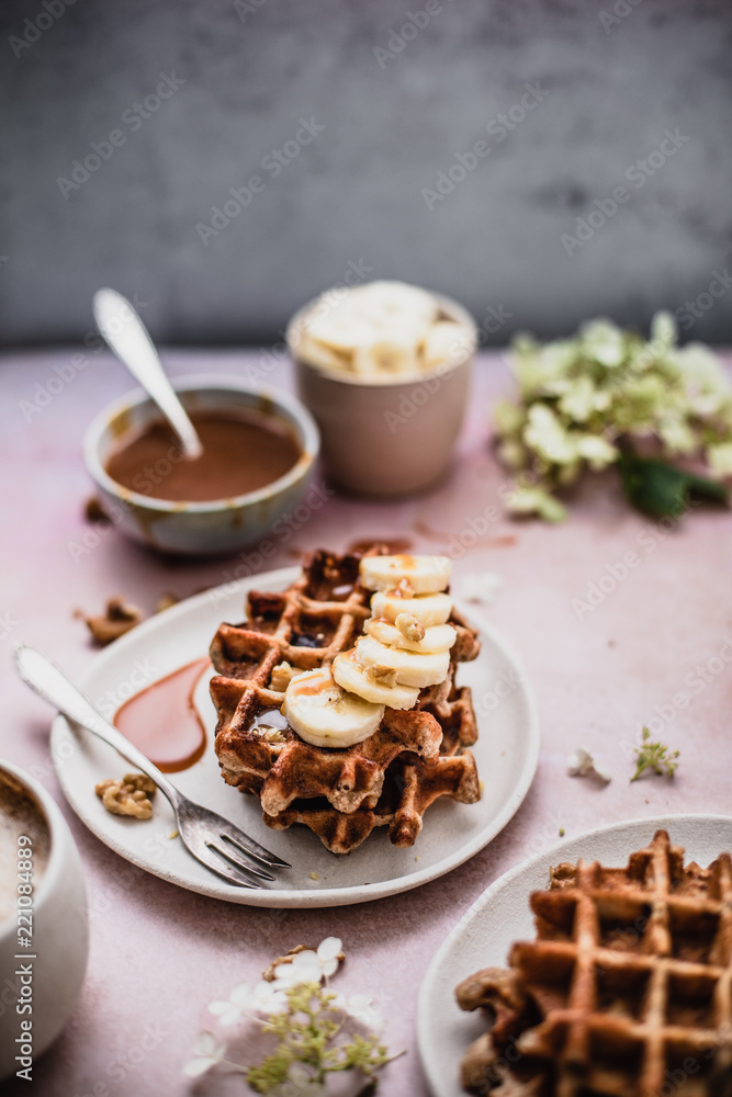 Chocolate Chip Banana Breakfast Waffles with Caramel Sauce Chocolate Chip Banana Breakfast Waffles with Caramel Sauce