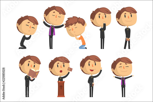 Young cartoon catholic priest reading prayer, blessing parishioners, holding Cross, Bible and Gospel set of vector Illustrations
