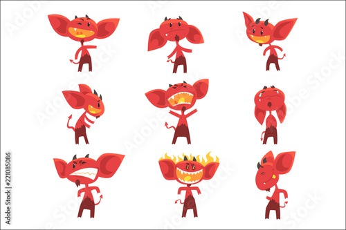 Funny red devil cartoon characters with different emotions set of vector Illustrations