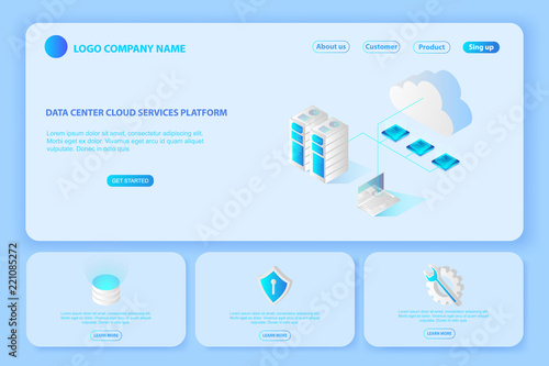 Header for Website of Platform Data center cloud services.page suggesting to buy or rent a servers and hosting.computing or storage and network connection isometric 3d illustration concept vector