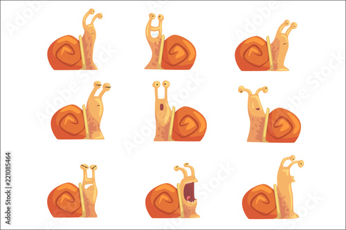 Funny cartoon snails showing different emotions set, cute comic snail characters vector Illustrations