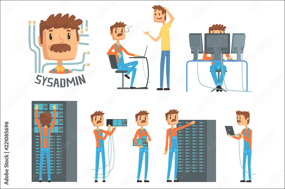 Sysadmin, network engineer characters, set of network diagnostics, users support and server maintenance cartoon vector Illustrations Sysadmin, network engineer characters, set of network diagnostics, users support and server maintenance cartoon vector Illustrations