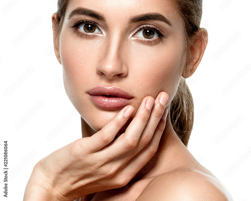 Beautiful woman face with healthy skin and beauty eyes lips brunette Beautiful woman face with healthy skin and beauty eyes lips brunette
