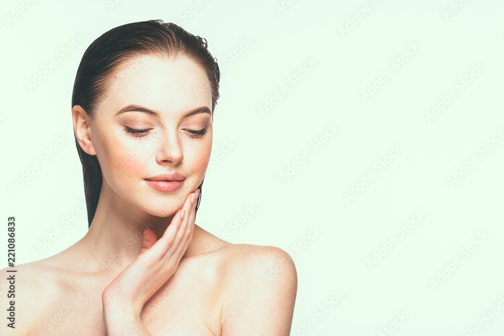 Beautfiful brunette woman with healthy skin isolated on white cosmetic concept