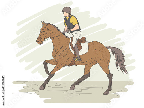 Equestrian sport. Eventing. The horseman rides at a gallop on horseback. © irinamaksimova