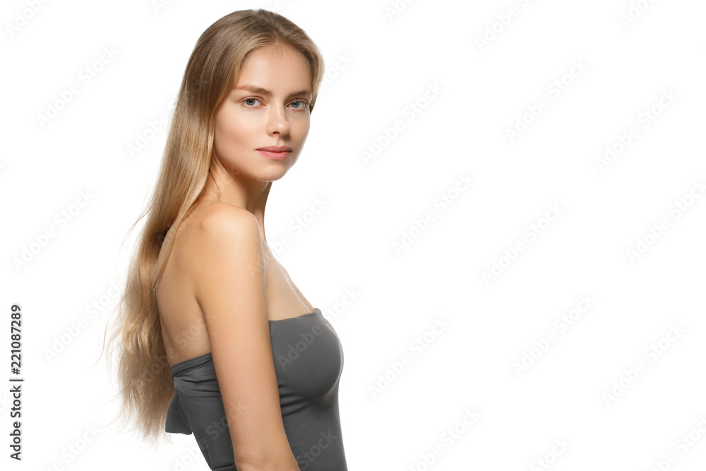 Clean skin woman with healthy blonde hair natural makeup isolated on white Clean skin woman with healthy blonde hair natural makeup isolated on white