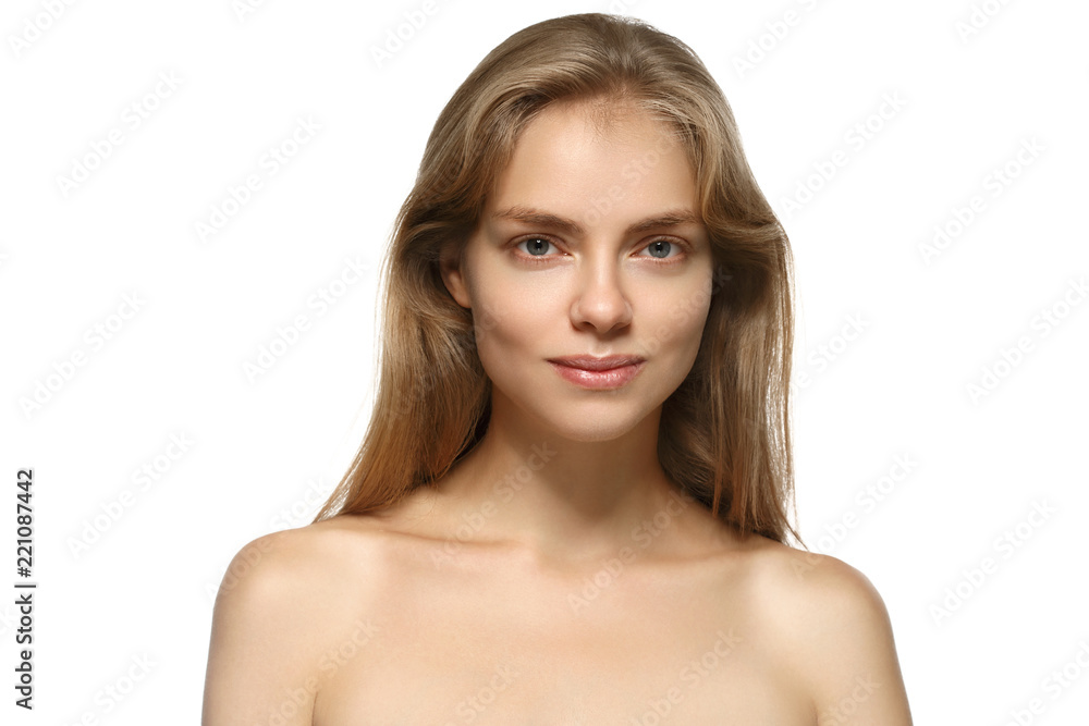 Clean skin woman with healthy blonde hair natural makeup isolated on white Clean skin woman with healthy blonde hair natural makeup isolated on white