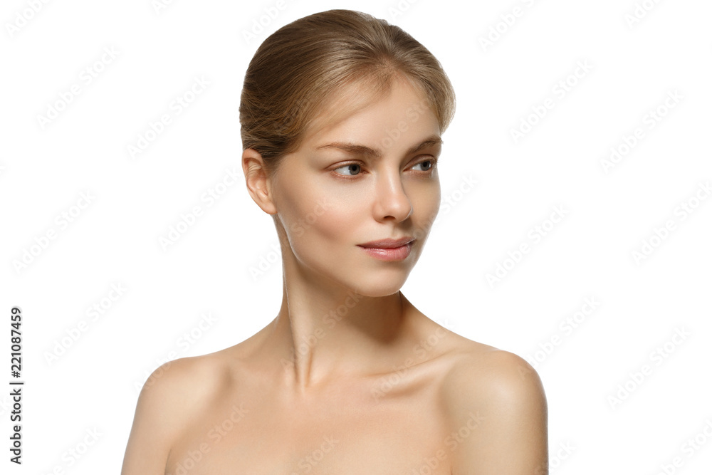 Clean skin woman with healthy blonde hair natural makeup isolated on white Clean skin woman with healthy blonde hair natural makeup isolated on white