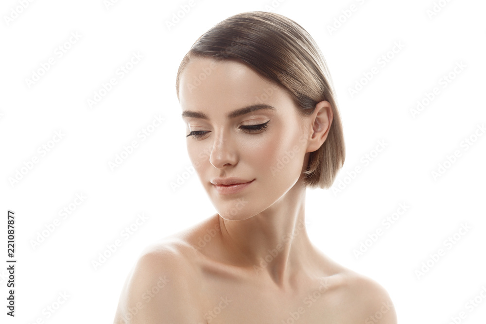 Beautiful woman face with healthy skin and beauty eyes lips brunette Beautiful woman face with healthy skin and beauty eyes lips brunette
