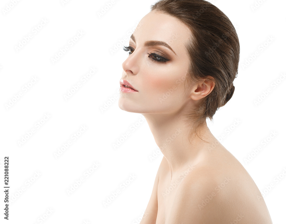 Beautiful brunette woman with healthy skin and hair isolated on white Beautiful brunette woman with healthy skin and hair isolated on white