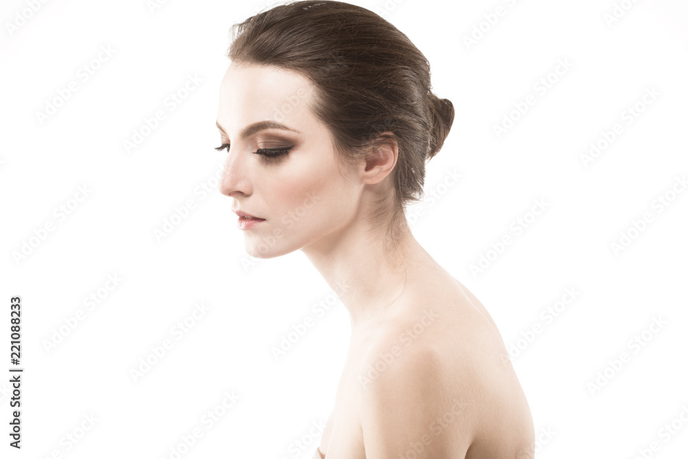 Beautiful brunette woman with healthy skin and hair isolated on white Beautiful brunette woman with healthy skin and hair isolated on white