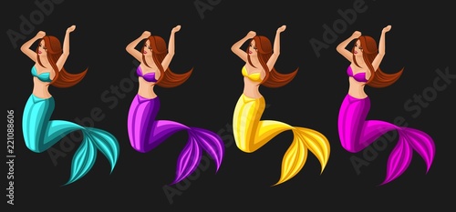 Isometrics game concept cartoon with fairy-tale characters, set of mermaids, girls, serenas, different colors, beauties