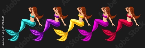 Isometrics game concept cartoon with fairy-tale characters, a set of different colors of mermaids, beauties, serenas