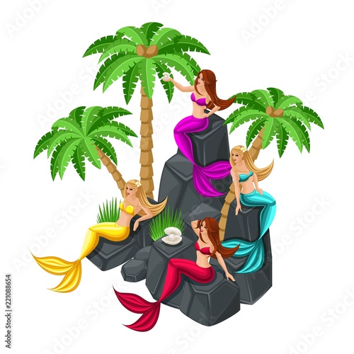 Isometrics game concept cartoon with fairy-tale characters, mermaids, girls, serenas, hunters on sailors, sea, fish, islands, stones, ocean. Vector illustration