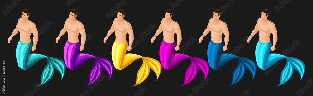 Obraz premium Isometric male mermaid, set of multi-colored characters, inhabitants of the sea, Neptune, sea king