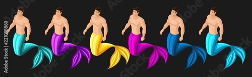 Isometric male mermaid, set of multi-colored characters, inhabitants of the sea, Neptune, sea king