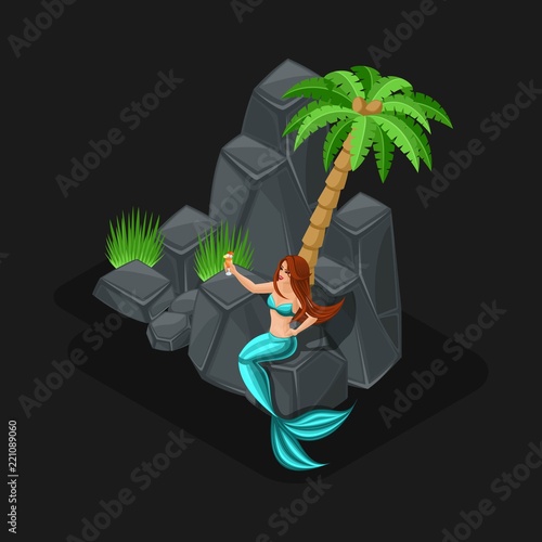 Isometry game concept cartoon with fairy-tale character, mermaid, girl, sea, fish, islands, stones, ocean, cocktail. Vector illustration