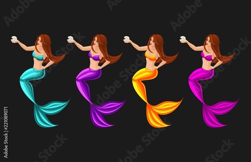 Isometry game concept cartoon with fairy-tale character, mermaid guards pearl, serena, girl, sea, tail