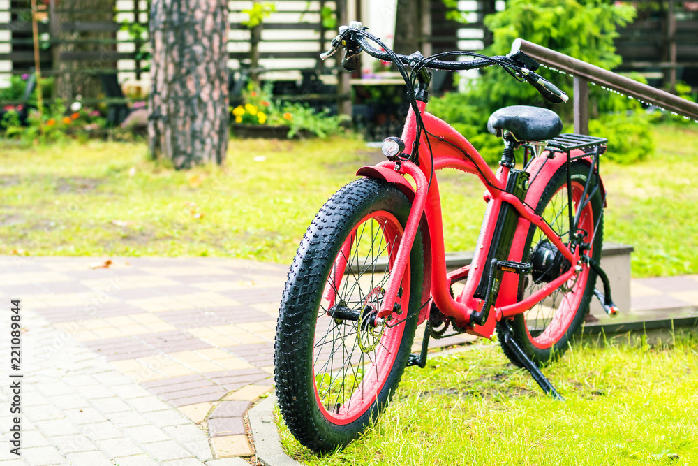 Red electrobicycle standing on a green grass in rainy day