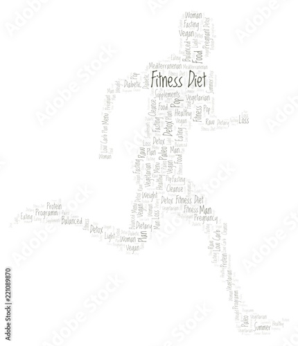 Word cloud with text Fitness Diet in a running man shape on a white background.