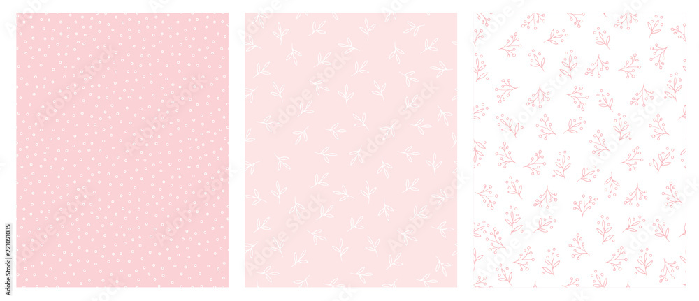 Hand Drawn Floral and Dots Abstract Vector Patterns. Light Pink and White Backgrounds. Tiny White and Pink Delicate Twigs and Circles. Cute Simple Abstract Graphic. Irregular Design. Pastel Colors.
