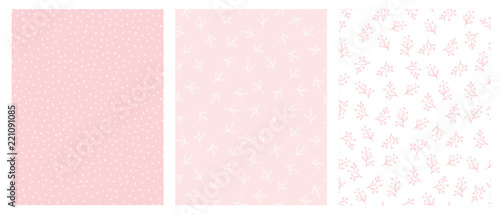 Hand Drawn Floral and Dots Abstract Vector Patterns. Light Pink and White Backgrounds. Tiny White and Pink Delicate Twigs and Circles. Cute Simple Abstract Graphic. Irregular Design. Pastel Colors.