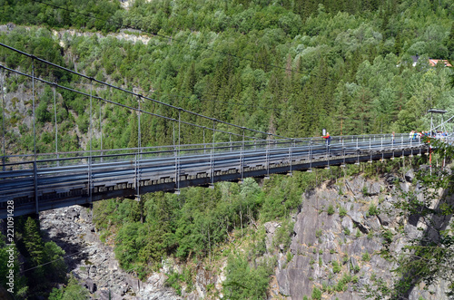 The famous suspension bridge over the valley to Vemork Power Plant Rjukan Norway. Important place during WW2 and in Norwegian industrial history and Telemark sabotasje 