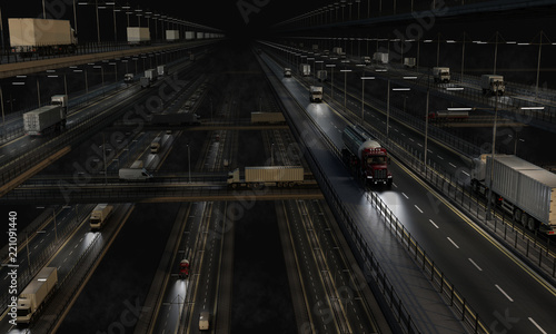 Overpasses and Underpasses with Heavy Traffic at Night 3d rendering