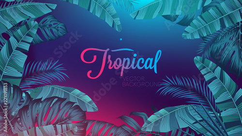 Red blue neon light, trendy background with tropical vector plant and leaf