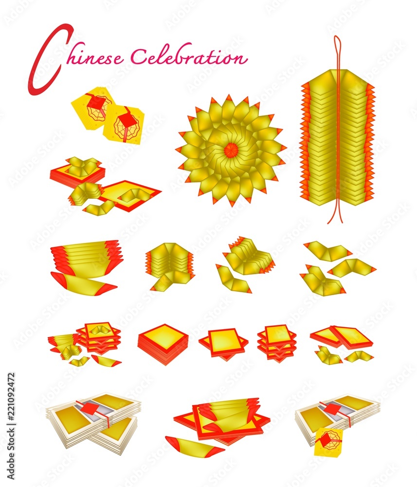 Traditional Chinese, Chinese Gold and Joss Paper or Ghost Money for Chinese  New Year Celebration and Special Occasions. Stock Vector