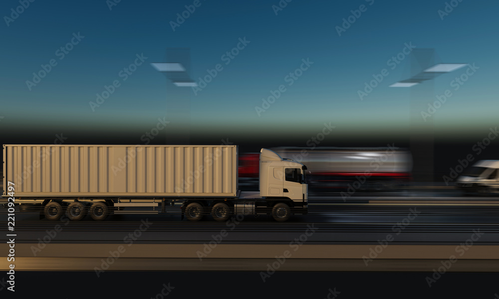 Container Truck Moving on the Highway at Night 3d rendering