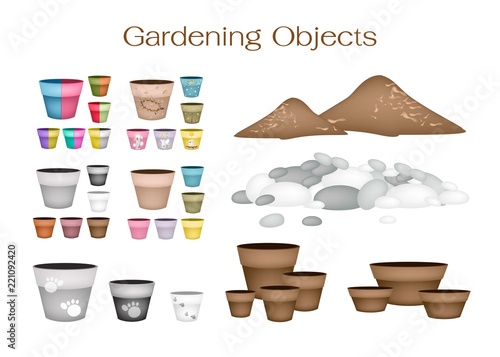 Illustration of Ceramic Flower Pots or Clay Plant Pots with Pebbles and Potting Soil for Growing Plants, Herbs and Vegetables.