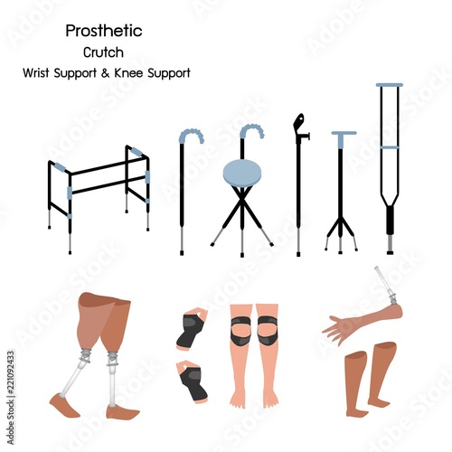 Medical Concept, Illustration Collection of Prosthetic Leg, Knee and Arm, Crutches and Walkers with Wrist and Knee Support.