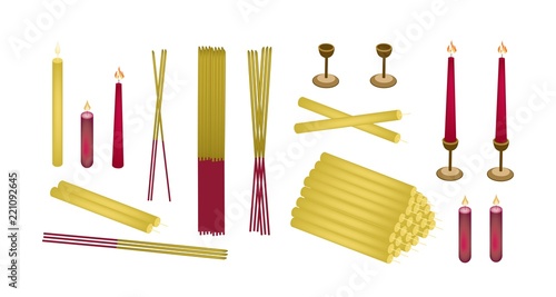 Make Merit Objects, Illustration of Assorted of Candle, Candle Holder and Incense Sticks Isolated on White Background.