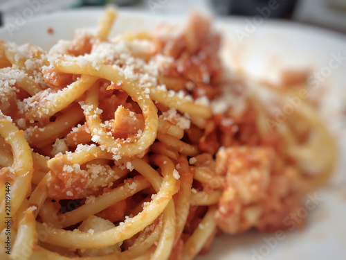 Homemade pasta bucatini amatriciana photo