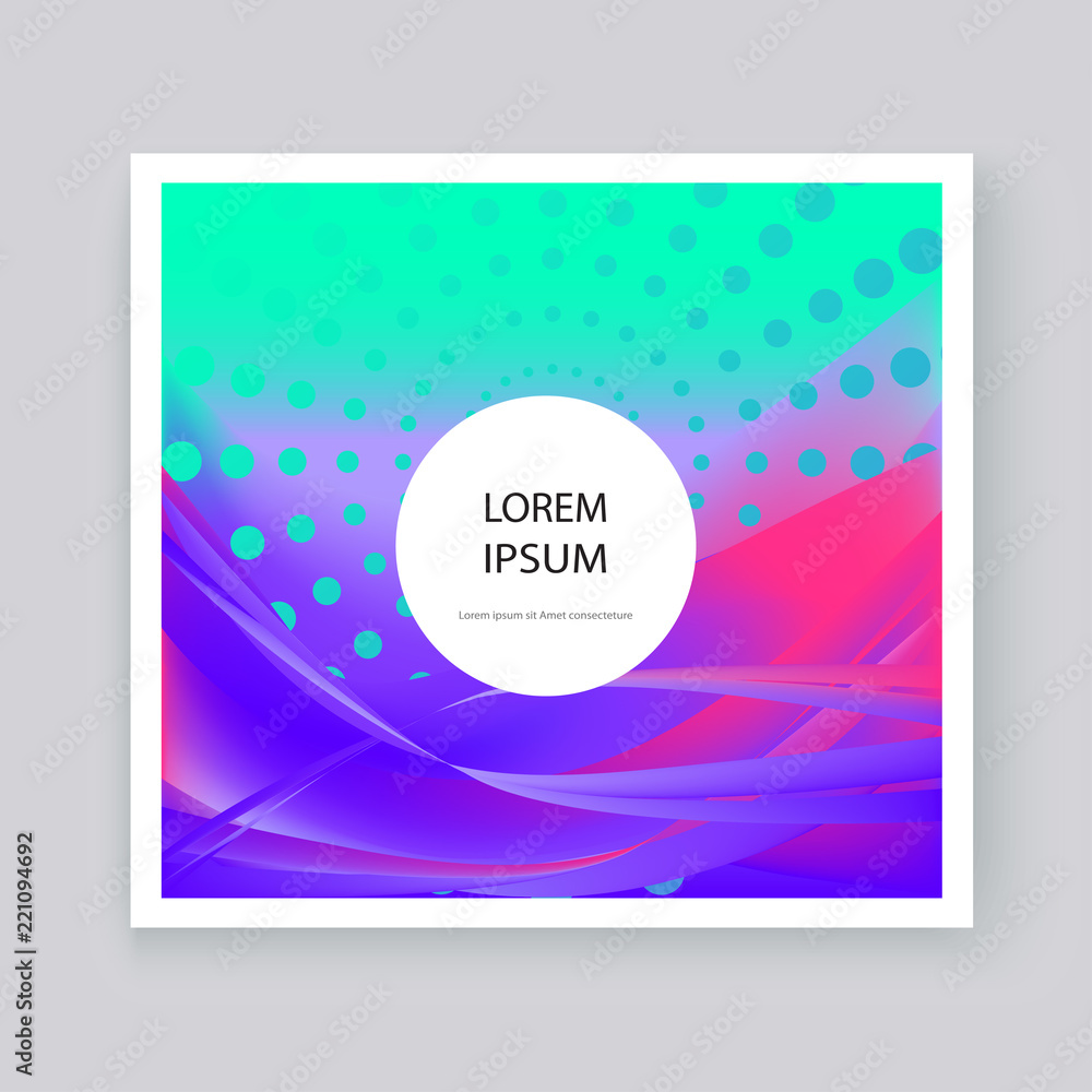 Fluid liquid shapes composition. Wavy geometric background. Colorful abstract backdrop. Halftone circles elements. Trendy gradient waves template vector Poster Layout Magazine Flyer