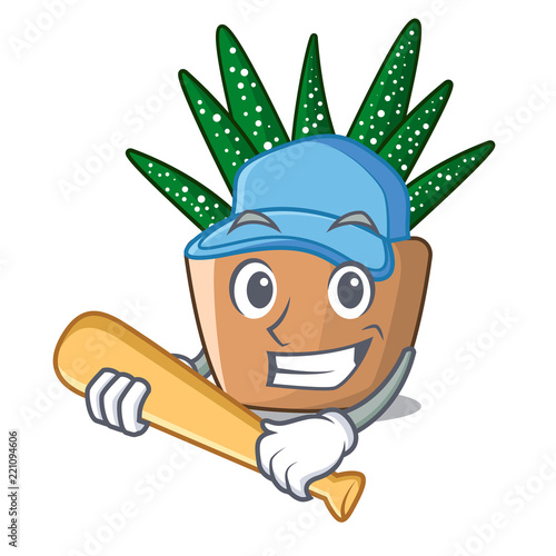 Playing baseball mini zebra cactus on cartoon pot