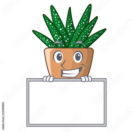 Grinning with board mini zebra cactus on cartoon pot