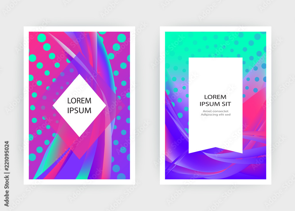 Fluid liquid shapes composition. Wavy geometric background. Colorful abstract backdrop. Halftone circles elements. Trendy gradient waves template vector Poster Layout Magazine Flyer