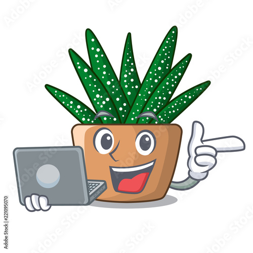 With laptop mini zebra cactus on cartoon pot