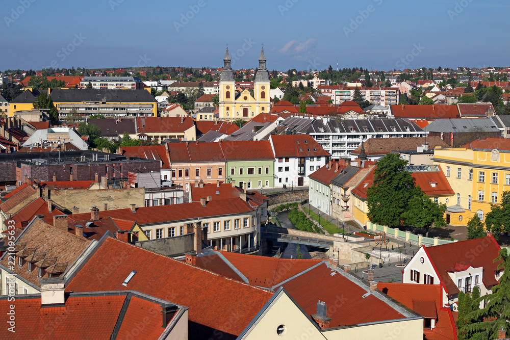 colorful old buildings and church cityscape Eger Hungary