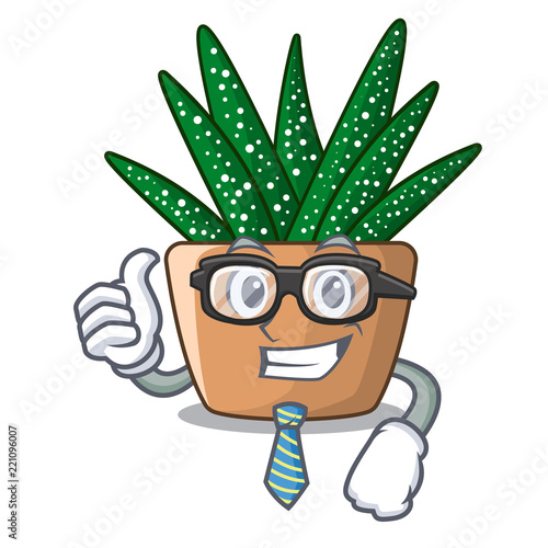 Businessman character small zebra cactus plant on pot