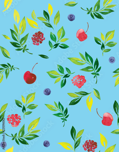 Seamless pattern, berries with leaves on a blue background.