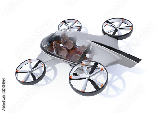 Passenger Drone composited with interior layout isolated on white background. Front seats turned backward and golf bags in trunk space. 3D rendering image.