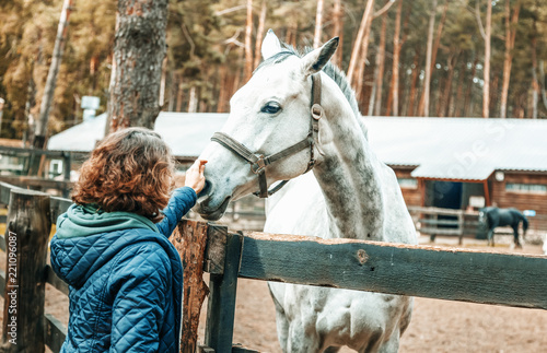 Beautiful young woman stroking the nose of a gray horse, love and care for animals