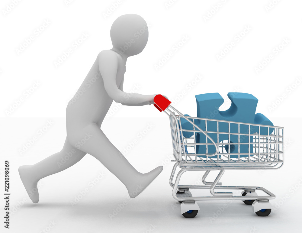 3d person with puzzles in the shopping cart 3d person with puzzles in the shopping cart