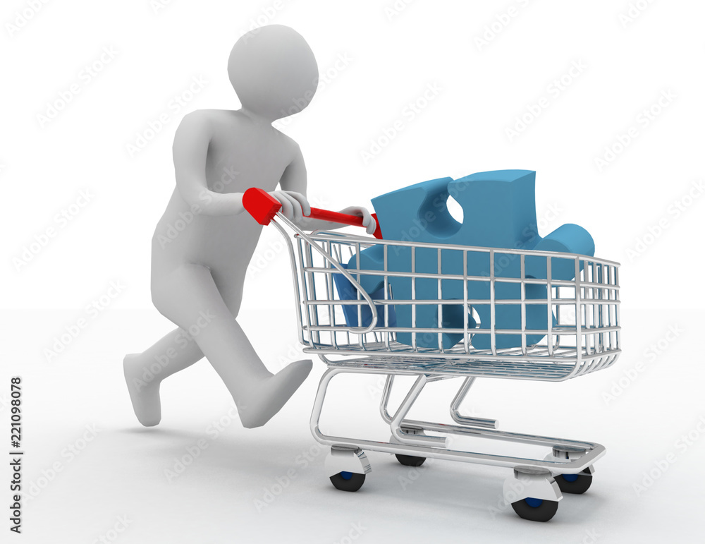 3d person with puzzles in the shopping cart 3d person with puzzles in the shopping cart
